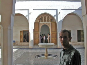 Gary passing through fountain courtyard in the el Bahia Palace